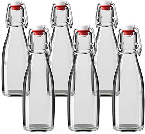 Wellgro 200 ml Glasflasche mit Bügelverschluss - 5,5 x 19 cm (ØxH) - Glas Flasche klar - Porzellanverschluss - Bügelverschlussflasche - verschiedene Mengen wählbar, Stückzahl:6 Stück