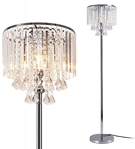 WIAONE beaysyty Modern Elegance Crystal Floor Lamp, On/Off Foot Switch, Crystal & Glass 3-Lights Standing Light, Reading Corner Lamp for Office Cafe, Den, Living Room Bedroom Chrome Finish