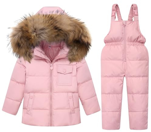 Kids Winter Puffer Jacket and Snow Pants 2-Piece Snowsuit Ultralight Skisuit Set, Pink 3-4 T