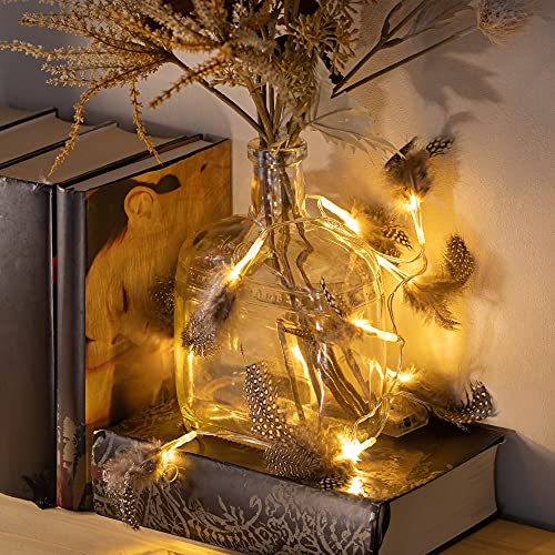 com-four® 2x LED Lichterkette mit Federn - Batteriebetriebene Lichterkette mit LED-Licht - Dekorative Beleuchtung mit Wachtelfedern für Weihnachten (02 Stück - Lichterkette Federn)