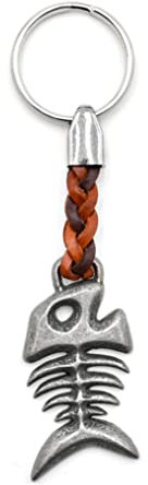 ClaroSchmuck Schlüssel-Anhänger Fischskelett Schlüsselring aus Metall Stärke 2 mm, Band aus Kunstleder, Gesamtlänge ca. 113 mm, Einheitsgröße