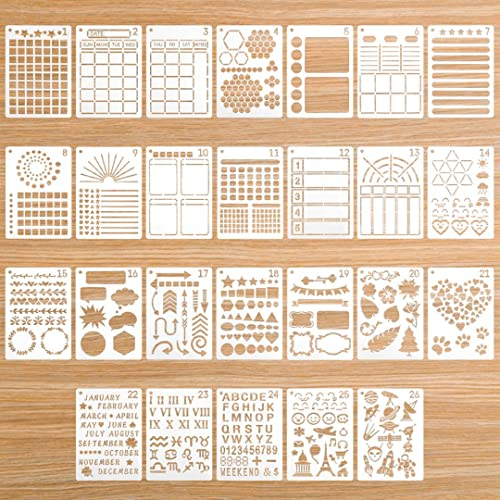 Ruicaifu 26 Stück Journal Schablonen, Journal Planer Schablonen Bullet Schablonen Set aus Kunststoff DIY Malerei Zeichenschablonen für Kunst-Projekte Journal Notizbuch Tagebuch Sammelalbum Dekoration
