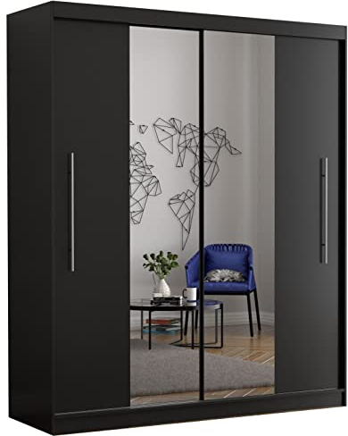 Fabryka Mebli Idźczak Kleiderschrank mit Spiegel, Wohnzimmerschrank - Schwarz Schwebetürenschrank, Schlafzimmerschrank - 58 x 204 x 218 cm - Schrank für Schlafzimmer, Wohnzimmer, Garderobe