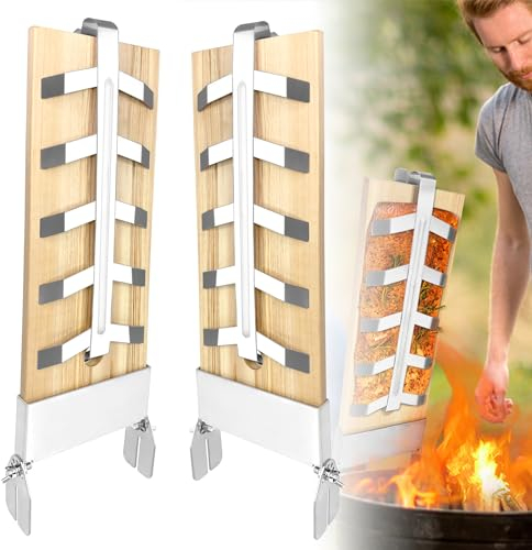 AufuN Flammlachsbretter, 2X Räucherbrett aus Zedernholz, mit 5 Stufen einstellbar Stabiler Edelstahl-Halterung, Lachs bis 2,5kg, für Feuerschalen,Outdoor Grill zedernholzbrett(2er Set)