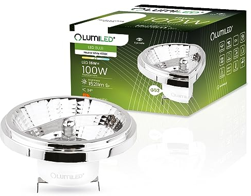 Lumiled LED Leuchtmittel 12V AR111 G53 Fassung Spannung 15W (Entspricht Halogen 100 Watt) Neutralweiß 4000K 24 Grad Abstrahlwinkel Silber 1521 Lumen Ra>80 Aluminium PC