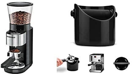ROMMELSBACHER Kaffeemühle EKM 500 - Präzisions-Waage, Halterung für Siebträger, Mahlgrad in 39 Stufen, 5 Funktionstasten, Schwarz/Edelstahl & Dreamfarm Grindenstein Abklopfbehälter, tiefschwarz