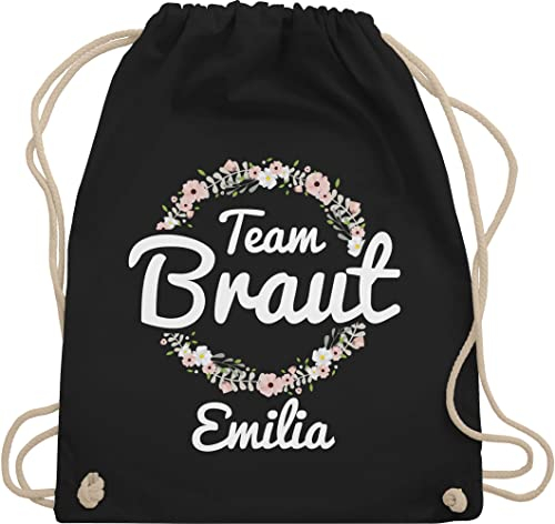 Turnbeutel Rucksack personalisiert - JGA Junggesellenabschied - Team Braut Blumenkranz Crew Bride Tribe - Unisize - Schwarz - beutel junggesellinnenabschied mit kordelzug baumwolle