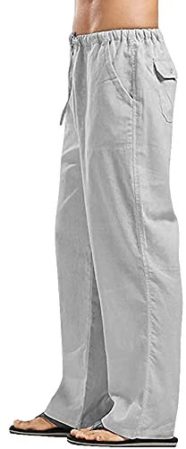 YAOHUOLE Men's Cotton Linen Lounge Casual Pants Lightweight Summer Beach Trouser Gray 2XL