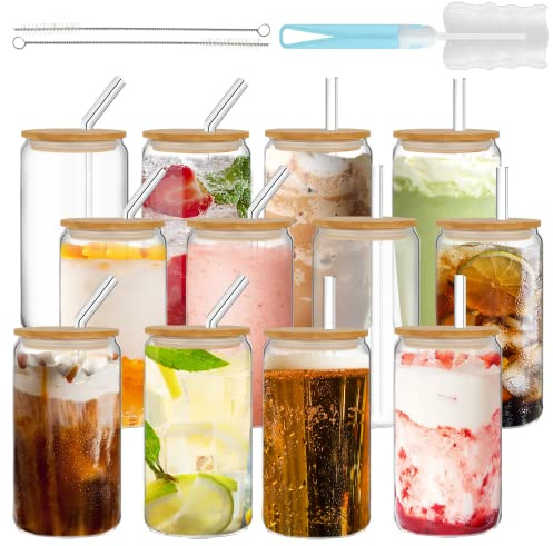 GIVAMEIHF Trinkgläser mit Bambusdeckel und Glasstrohhalm, 12-teiliges Set – 473 ml Dosenform, Glasbecher, Bierdosengläser, Eiskaffeegläser, niedlicher Becher, Limonade, Whiskey, Geschenk