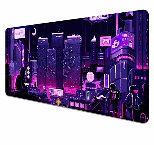 HUOCAIREN Retro Vaporwave Grande tappetino per mouse per scrivania, Neon Tokyo Street Pixel Art Desk Pad, Purple Japanese Anime Gaming Mouse Pad XXL, tappetino per scrivania, 90 x 40 cm
