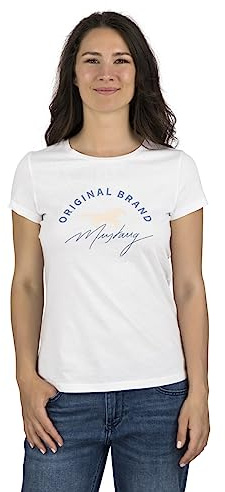 MUSTANG Damen T-Shirt Rundhals O-Neck Basic Slim Fit Kurzarm Logo Print Sommer Shirt 100% Baumwolle Weiß Blau Grün Rot S M L XL XXL, Größe:M, Farbe:Weiß (1014028-2045)
