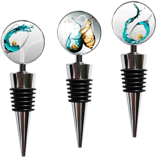 Lockban Wine Bottle Stoppers, Set of 3 Stainless Steel Wine Stoppers with Decorative Art Glass, Wine and Beverage Bottle Corks for Gifts, Bar, Wedding, Holiday Party (Wine Glass)