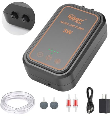 hygger Aquarium Air Pump, Rechargeable Portable Oxygen Pump with Single/Dual Outlets, Ultra Quiet Battery Powered Air Bubbler for Fish Tank up to 170 Gallo with Accessories