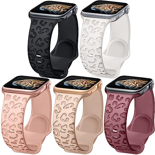 Towsnails 5 Pack Bracelets Compatibles avec Bracelet Apple Watch 38 mm,40 mm,41 mm,42 mm,44 mm,45 mm,49 mm,bracelet de rechange en silicone souple imprimé léopard Series 9/8/7/6/5/4/3/2/1/SE/Series2