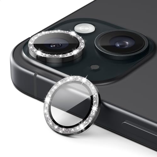 JETech Kameraschutz für iPhone 15 6,1 Zoll und iPhone 15 Plus 6,7 Zoll, Bling Glitzer Individuelle 9H Gehärtetes Glas Metallring Abdeckung, HD Klar, 1 Set (Schwarz)