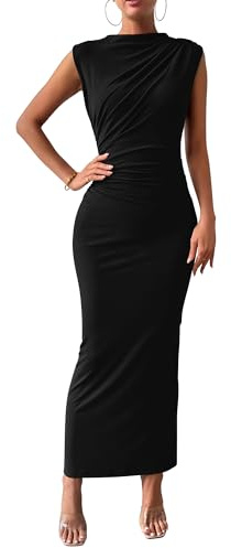 BTFBM Women Ruched Bodycon Maxi Dresses Summer Casual Sleeveless Lightweight Slit Elegant Cocktail Wedding Guest Dress(Black, Medium)