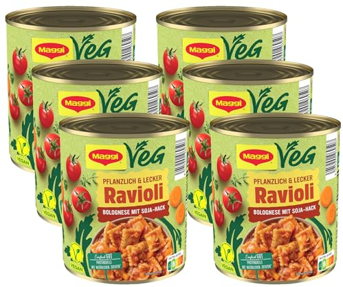 MAGGI Veg Ravioli Bolognese mit Soja-Hack: Teigtaschen in pflanzlicher Bolognese, ohne Fleisch (vegan), leckeres Camping Essen, 6er Pack (6 x 800g)