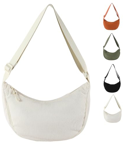 LOCCY Crossbody Bag Damen Cord, Halbmond Tasche Damen Cord, Einfarbige Halfmoon Bag Kord mit Verstellbarer Schultergurt für Frauen Reisen (Cremefarben)
