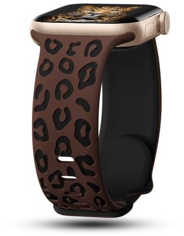 CreateGreat Engraved Leopard Bands Compatible with Apple Watch Band 41mm 40mm 38mm Women, Two-Tone Soft Silicone Cheetah Sport Strap for iWatch Series 10 9 8 7 6 5 4 3 2 SE Ultra.CFE-BK