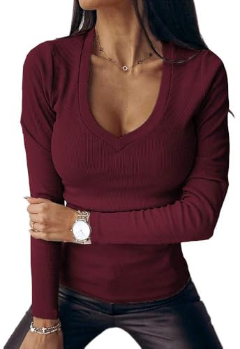 Chicrise Long Sleeve T Shirts Women V Neck Ladies Tops Basic Slim Fit Ribbed Knitted Blouse WineRed Small 8-10