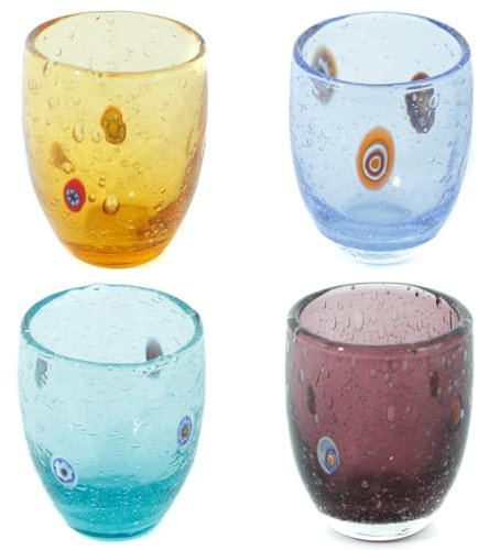 CC Zecchin Set of Four 4 Murano Glass Shot Artisan Blue Purple Yellow Millefiori 2oz Venice