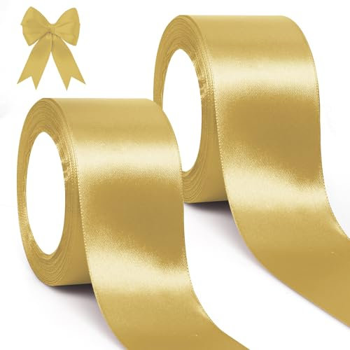 GXFCING Satinband Gold 50mm, 46 Meters Geschenkband Breit Schleifenband, Goldenes Stoffband Deko Band für Geschenkverpackung, Taufe, Geburtstag, Hochzeit, Weihnachten