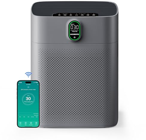 MORENTO Luftreiniger Allergiker für Wohnung Raucherzimmer, HEPA Luftfilter gegen Staub Pollen Tierhaare, CADR 300m³/h für 100㎡, Luftqualitäts-Feedback & Automodus, 24dB Air Purifier Timer(Braun)