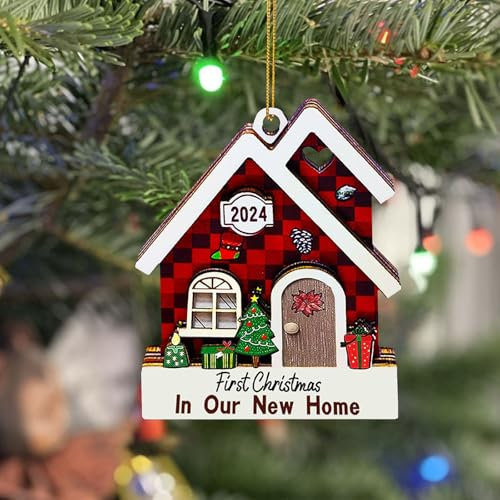 Weihnachtsanhänger 2024 Im Neuen Zuhause Holz Weihnachtsbaum Hängende Deko Holz Basteln Neues Haus Anhänger für Weihnachten, Christbaumschmuck Weihnachts Baumschmuck Weihnachtsschmuck (Rot)