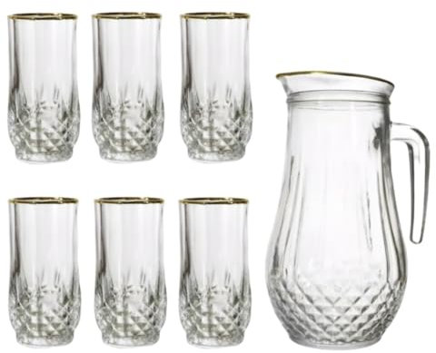 Reldor Jug and Tumbler Set 7 Pieces Drinking Glassware Set Crystal Effect Highball Water Juice Glasses Tumblers Gold Rim Pitcher Jug