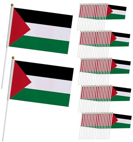 Kleine Palästina Flagge 100 Stück Mini Länderflaggen mit Fahnenmast aus Kunststoff 14 x 21 cm doppelseitige handgehaltene Palästina Flagge auf Stäben Dekorationsflaggen auf Stäben