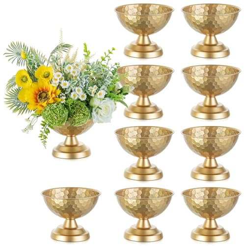 Sziqiqi Gold Urn Vase Centrepiece: 14cm Small Vases for Wedding Table Decorations - Metal Flower Arrangement Pots Set of 10 - Vintage Honeycomb Vase for Party Reception Dinner Table