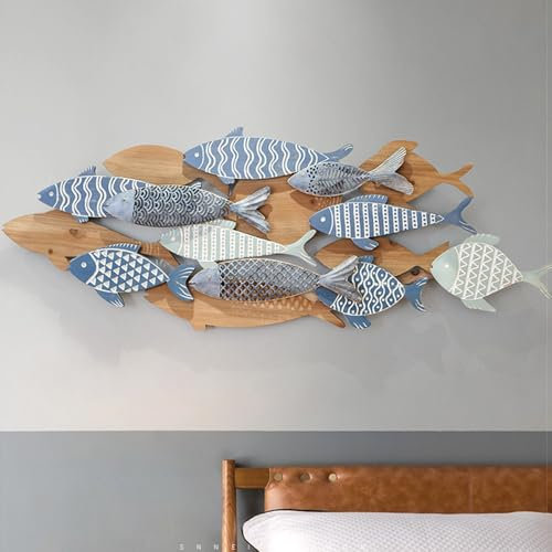 HENGCMM Wandskulptur Fischschwarm Aus Metall Holz, Wandskulptur Fische Wandbild Wanddeko Metalldeko Fischschwarm Metall Deko Wandkunst Wandbild Fische Design 133 x 49 x 6 cm