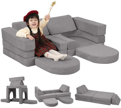 MeMoreCool Fancy Spielsofa für Kinder Cord– 10-teilige modulare Kindercouch Kindersofa Cord für das Spielzimmer, umwandelbare Kleinkindersitzgruppe, Schaumstoff Bausteine für Kinderzimmer, Grau