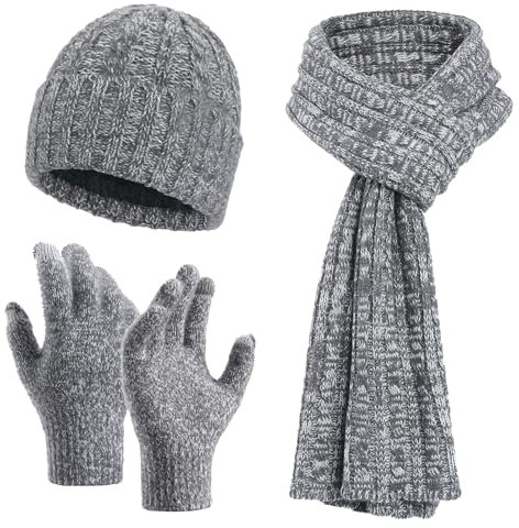 schal und mütze Damen,schal mit ärmeln,Barts schal Damen,schal Damen grau,Warmer schal Damen weich,schal Damen XXL,strickhandschuhe,gestrickter Zopfmuster,Warmer,Set