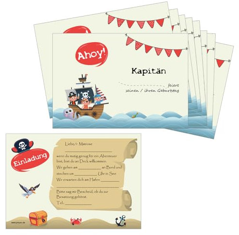 PRICARO Einladungskarten Kindergeburtstag, A6 Piraten, 10 Stück