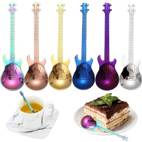 6Pcs Guitar Spoons 6 Color 304 Stainless Steel Coffee Spoons 5 Inch Creative & Unique Dessert Spoons Polished Easy Wash Cute Spoons