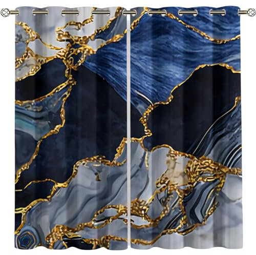GSKOQD 2Er Set Verdunkelungsvorhang 3D Druck Goldblaue Marmorstruktur Muster Vorhänge Blickdicht 234X230Cm (B X H) Gardinen Wohnzimmer Kinderzimmer Ösenvorhang Fensterdekoration Blickdichter