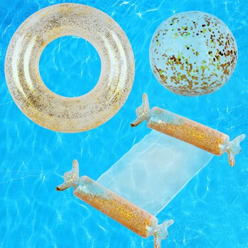 JORAKI Pool Spielzeug Luftmatratze Pool Schwimmring Wasserbälle, Aufblasbare Wasserspielzeug mit 1 Glitzer Schwimmreifen 1 Strandball und 1 Wasserhängematte, Pool Zubehör Spaß für Erwachsene Kinder