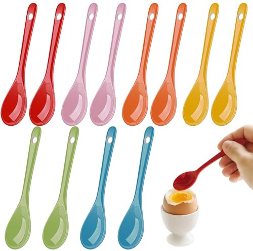 Ferenando 12 Piezas Colores Cuchara de Porcelana para Huevos, 12.3cm Pequeras Cucharas de Café con Agujero, 6 Colores Cucharilla de Postre de Porcelana para Miel, Mermeladas, Yogures y Aliños