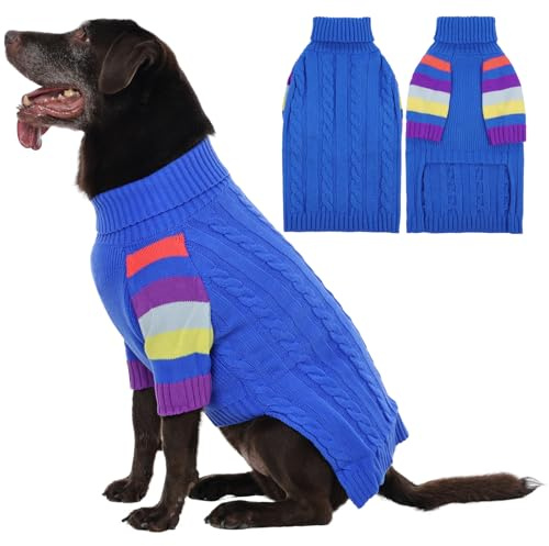 OUOBOB Hundepullover Warm, Kabelmuster mit Bauchöffnung, Elastischer Rollkragen Stricker für Kleine Hunde wie Französische Bulldogge, M Blue