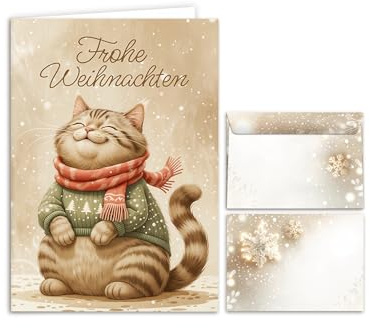 Weihnachtskarte mit Umschlag – Klappkarte DIN A6 „Frohe Weihnachten“ hochwertige Weihnachtsgrußkarten Motiv Katze – Christmas Cards