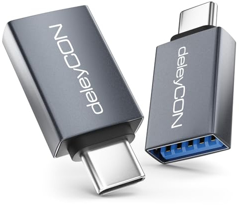 deleyCON USB C auf USB Adapter 10 Gbps OTG (2 Stück) Typ-C Stecker auf USB-A Buchse für iPhone 17/16/15 Air Pro Max, Galaxy S26/S25/S24/S23, A56, A16, Tablet, MacBook, iMac, iPad, Notebook usw