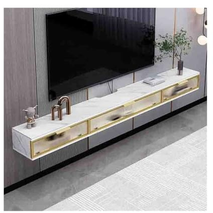Meubles de Salon Meuble TV Flottant, Grand Meuble Mural de Rangement, Console multimédia Flottante Luxe Blanche avec 3 Portes en Verre doré, Meubles Salon Modernes(220x29x20.4cm)