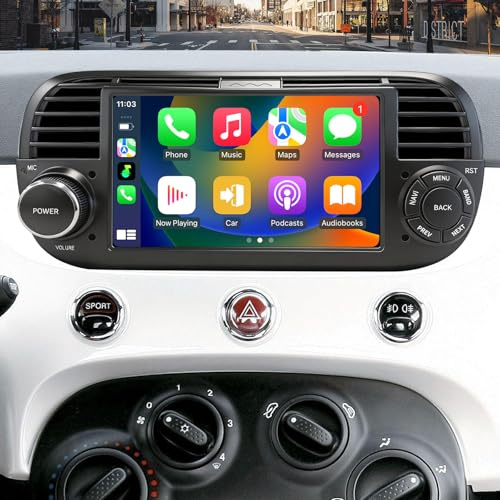 Autoradio für FIAT 500 2007-2015 7 Zoll Touchscreen Radio mit Wireless Carplay Android Auto Wireless EQ BT GPS FM Rückfahrkamera 2+64G (Schwarz, 2+64G)