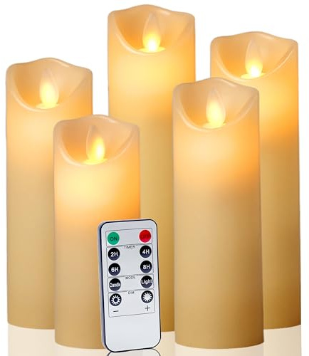 Auralome Led Kerzen mit Timer - Echtwachs Led Kerzen Outdoor Flackernde Flamme D5.5 cm Stumpenkerzen mit Fernbedienung Elektrische Kerze Flammenlose für Innen und Außen Deko Elfenbeinweiß 5er-Set