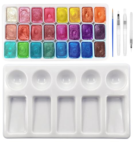 BOCOGLO 24 Aquarellfarben Set, Metallic Aquarell Set, glitzer wasserfarben，Kostenlose Pinsel und Palette,für Anfänger und Profis
