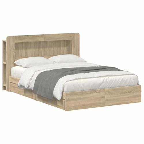 vidaXL Bettgestell mit Stauraum mit Kopfteil Sonoma-Eiche 140 x 200 cm, Moderner rechteckiger Bettrahmen, stylische Aufbewahrung, minimalistisches Schlafzimmer, platzsparendes Design
