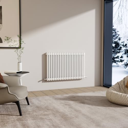 Traditional 2 Column Cast Iron Radiator 600x1010mm Horizontal Gloss White | Wall Mounted Central Heating Column Radiator, Ideal for living room, bedroom, Office, Bathroom renovation