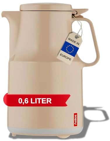 Helios Thermoskanne Thermoboy Beige 0,6L – 6h Heiß - Hält Getränke heiß & kalt – Praktische Einhandbedienung – 100% spülmaschinenfest