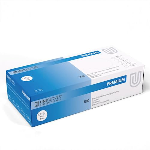 UNIGLOVES - Premium® Vinyl Handschuhe | Medizinische Handschuhe | Latexfrei, puderfrei & lebensmittelecht | Für medizinische Bereiche | 100 Stück | M